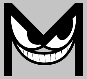 A logo which is a cross between the letter M and a grinning evil face