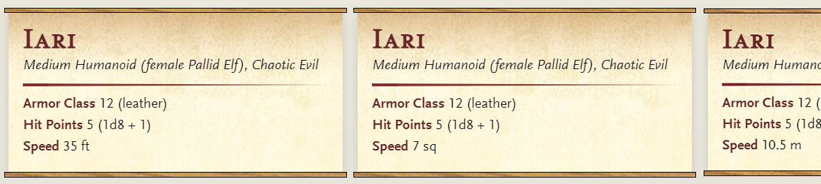 The stat blocks with Speed shown in feet, squares, and meters